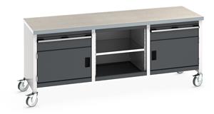 Bott Cubio Mobile Storage Workbench 2000mm wide x 750mm Deep x 840mm high supplied with a Linoleum worktop (particle board core with grey linoleum surface and plastic edgebanding), 2 x 150mm high drawers, 2 x 350mm high integral storage cupboards... 2000mm Wide Storage Benches